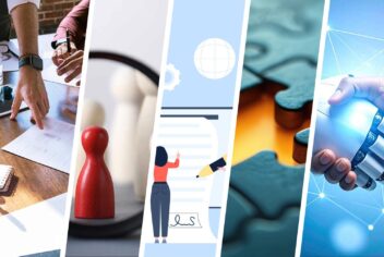 colorful images: a meeting, a pawn, people signing a document, a puzzle piece, a robot/human handshake