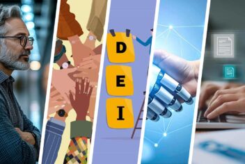 a man looking at a board, a handpile, a person hanging a DEI sign, a person typing on a computer, a robot shaking hands with a person