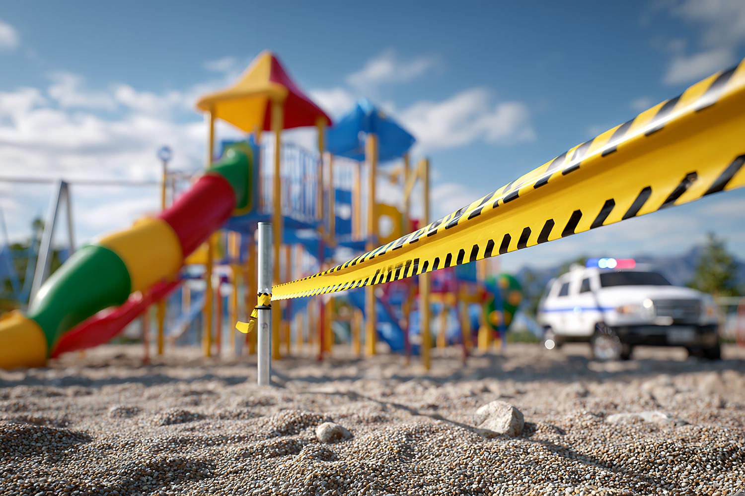 caution tape in a playground with a police truck