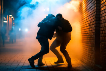 two people fighting in an alley