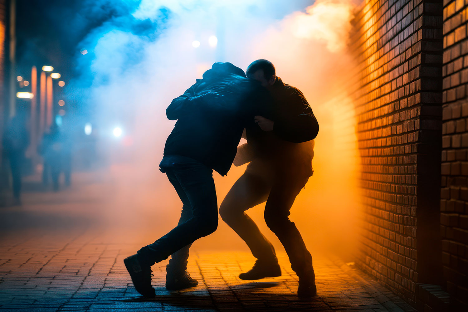 two people fighting in an alley