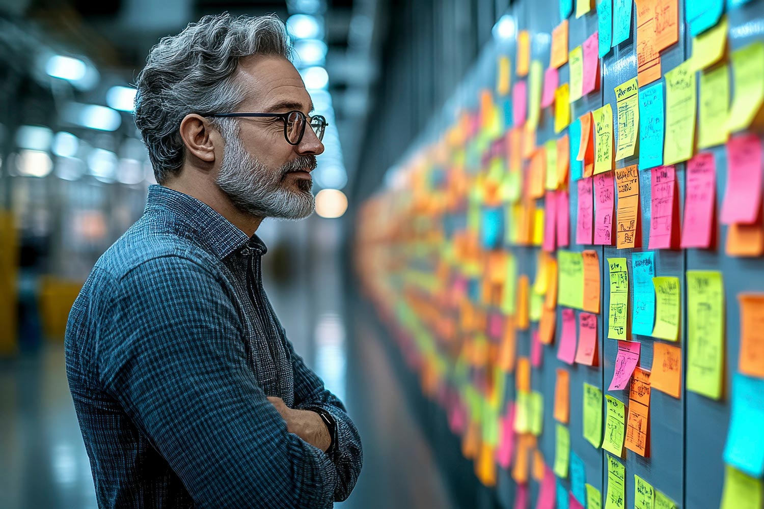 a man looking at a board of sticky notes