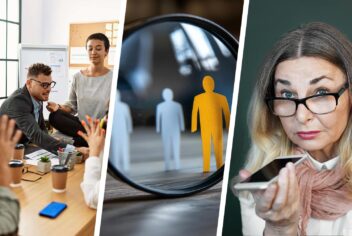 colorful images: a person sitting on a meeting table, a magnifying glass in front of paper cut-outs, a person talking into a cell phone