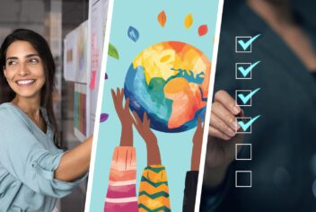 colorful images: a person with sticky notes on a board, hands holding up a globe, a person checking off a list