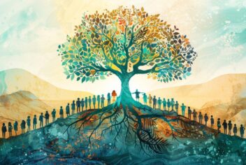 a line of people on a hill with a large colorful tree