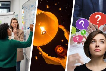 colorful images: a person writing on a white board, a person holding up a lantern, a person with question mark bubbles