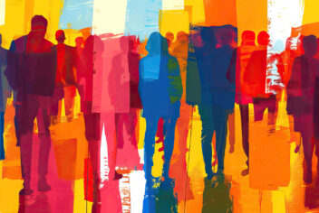 Multi-colored painting of a crowd of people