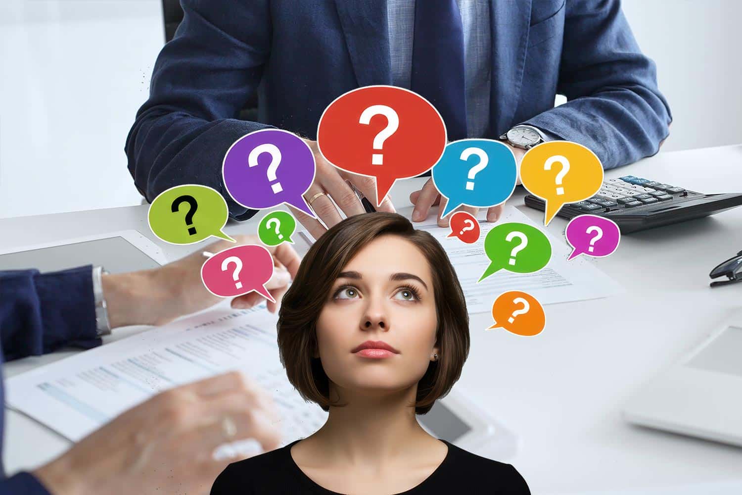 a person with question mark bubbles over a background of people doing