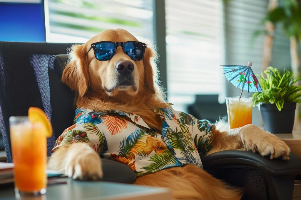 a dog wearing sunglasses and a Hawaiian shirt siting in an office with a cocktail