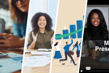 colorful images: a person with financial documents, a person a a work desk, people holding up a bar chart, a person by a desk