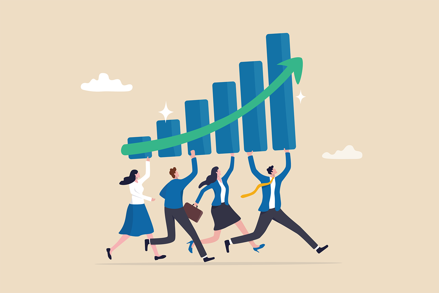 four people carrying a bar chart with an upward turning arrow