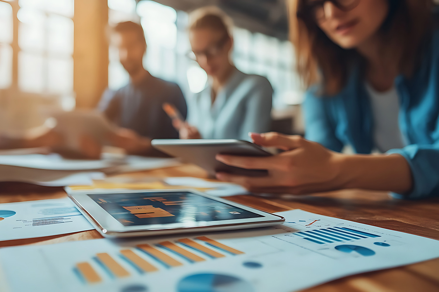 people at a table with financial reports and a tablet