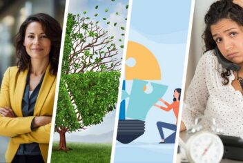 colorful images: a woman with arms crossed, a tree losing leaves, a light bulb puzzle, a woman on the phone