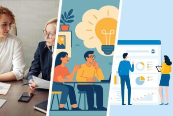 colorful images: two women talking, a light bulb over a meeting table, two people looking at charts