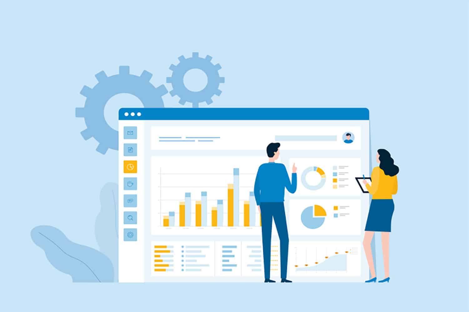 people look at a large screen with charts