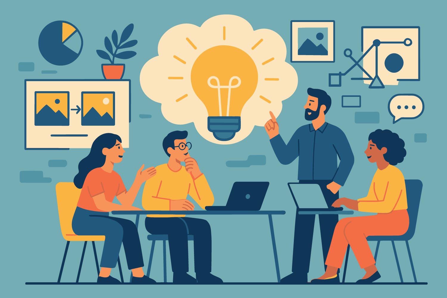 people with laptops and a graphic of a light bulb