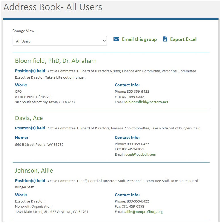 The Address Book contains the contact information for all board and committee members