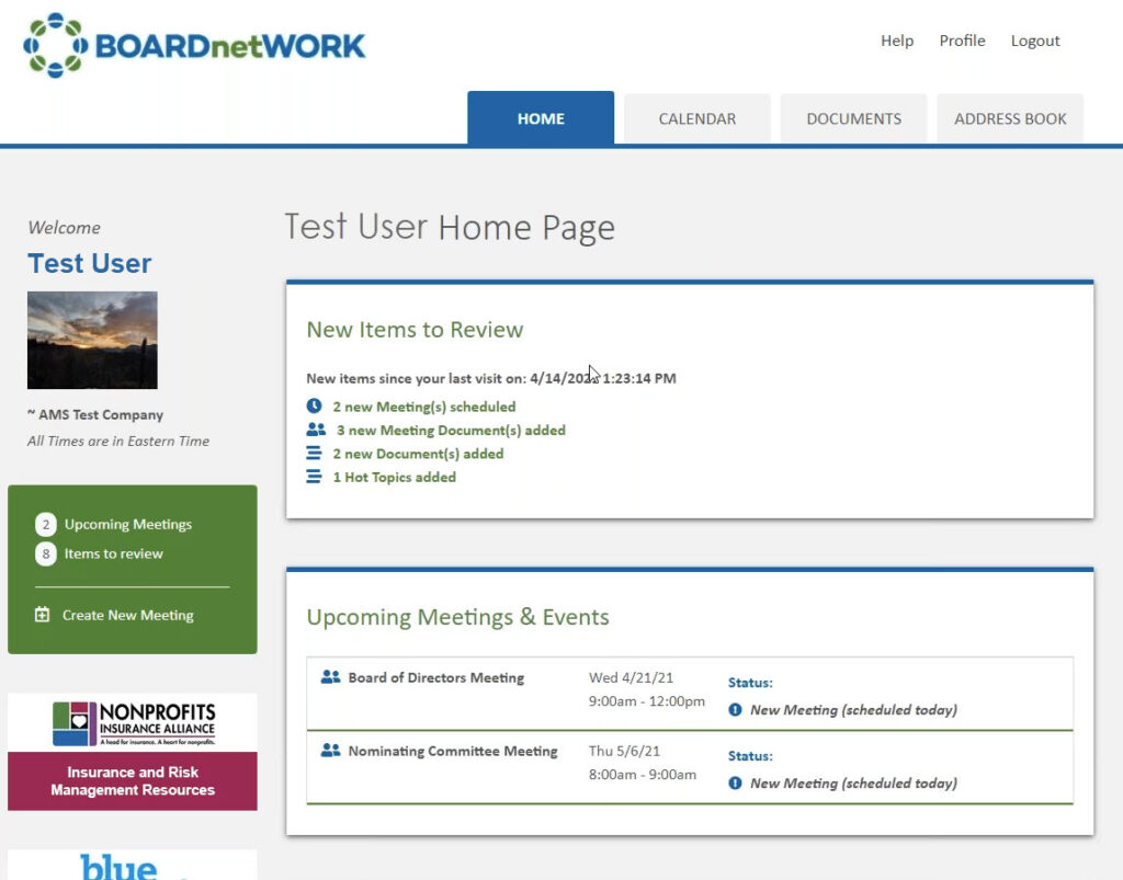 BoardNetwork homepage with meetings