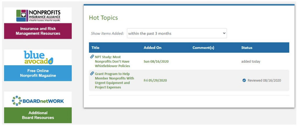 The Hot Topics area keeps board members informed with key documents, resources, and announcements.