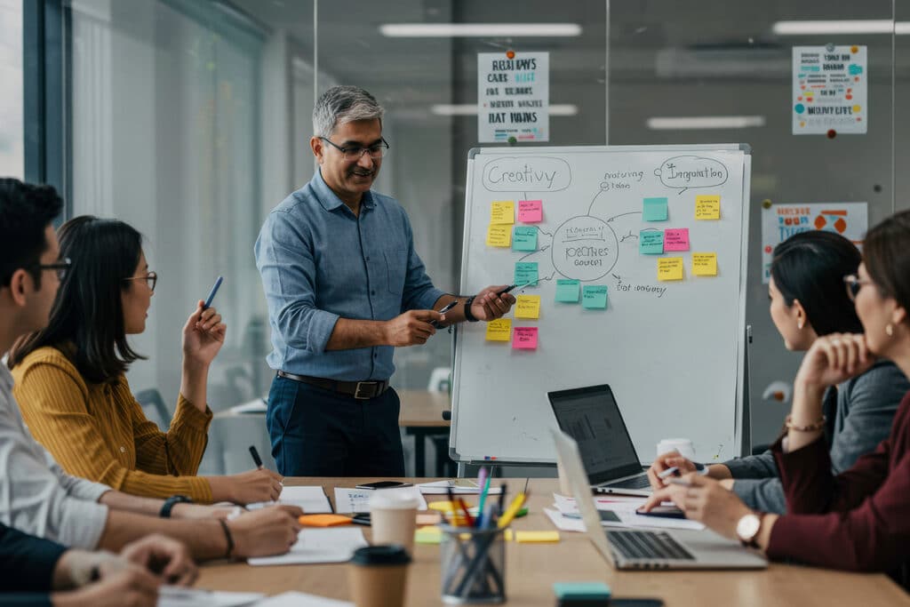 a man presents to a group from a white board
