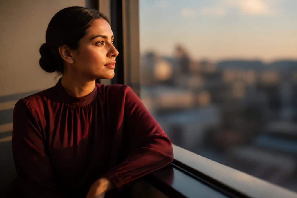 a woman looks out a window