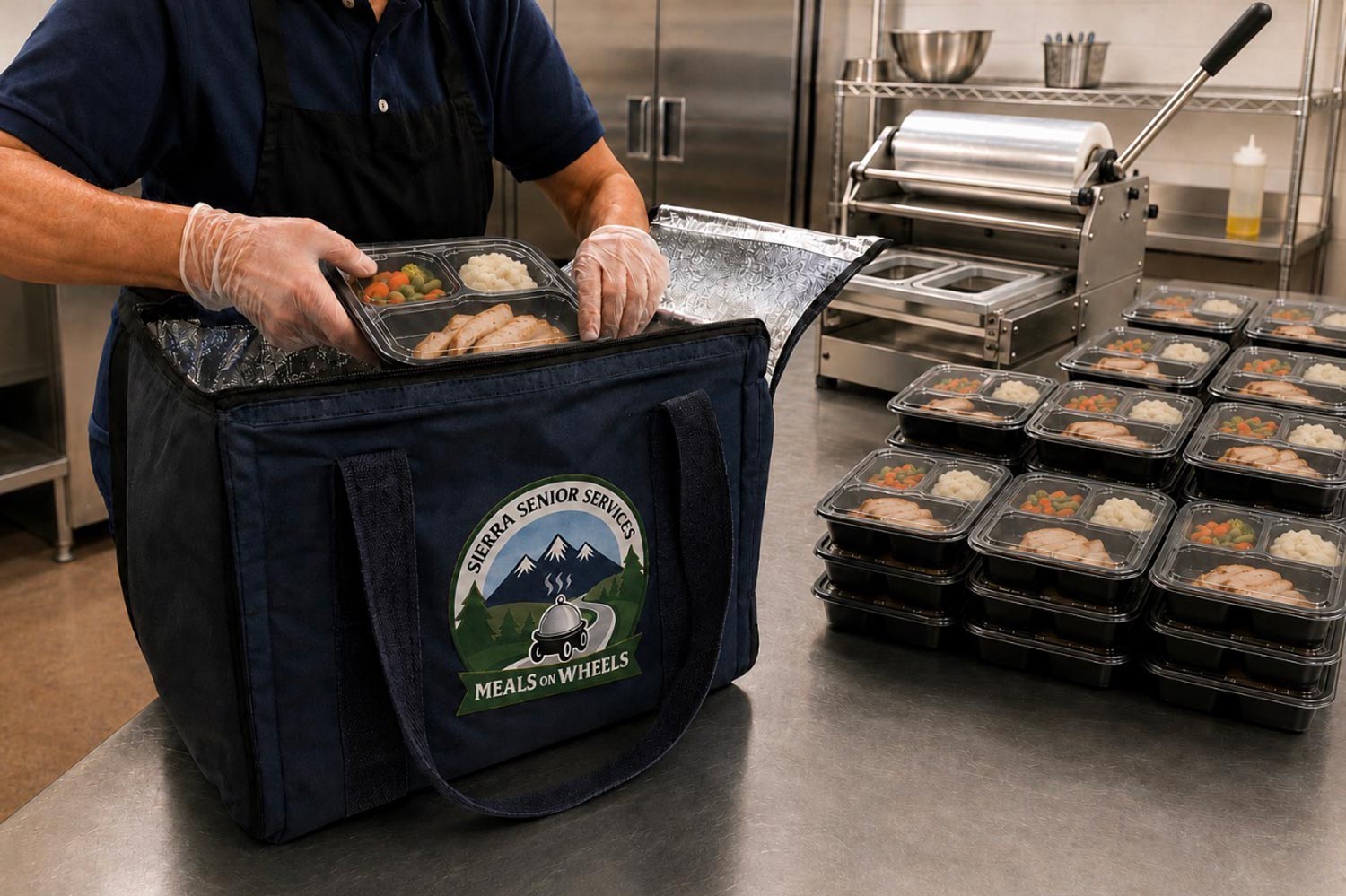 prepared meals in a kitchen being packed into a cooler