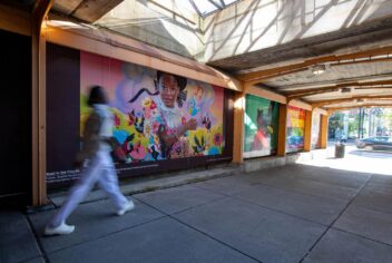 someone walking by four murals