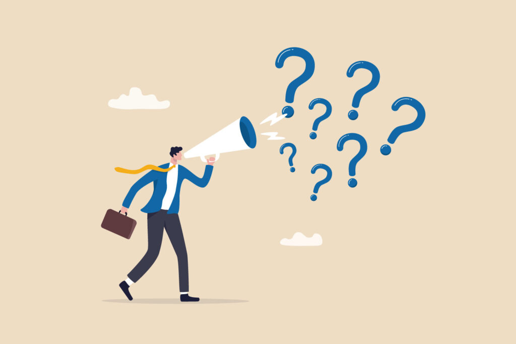 illustration of man with megaphone and question marks coming out of it