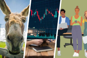 colorful images: a donkey, capital building, office workers