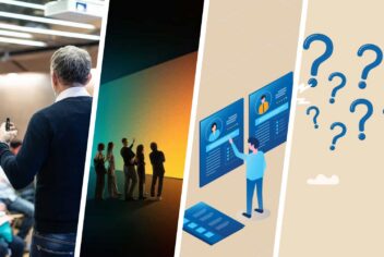 colorful images: a person speaking to a group, people looking at colored lights, a person looking at a computer screen, question marks.
