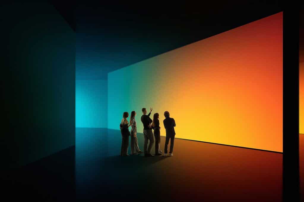group of people in front of prism colored walls